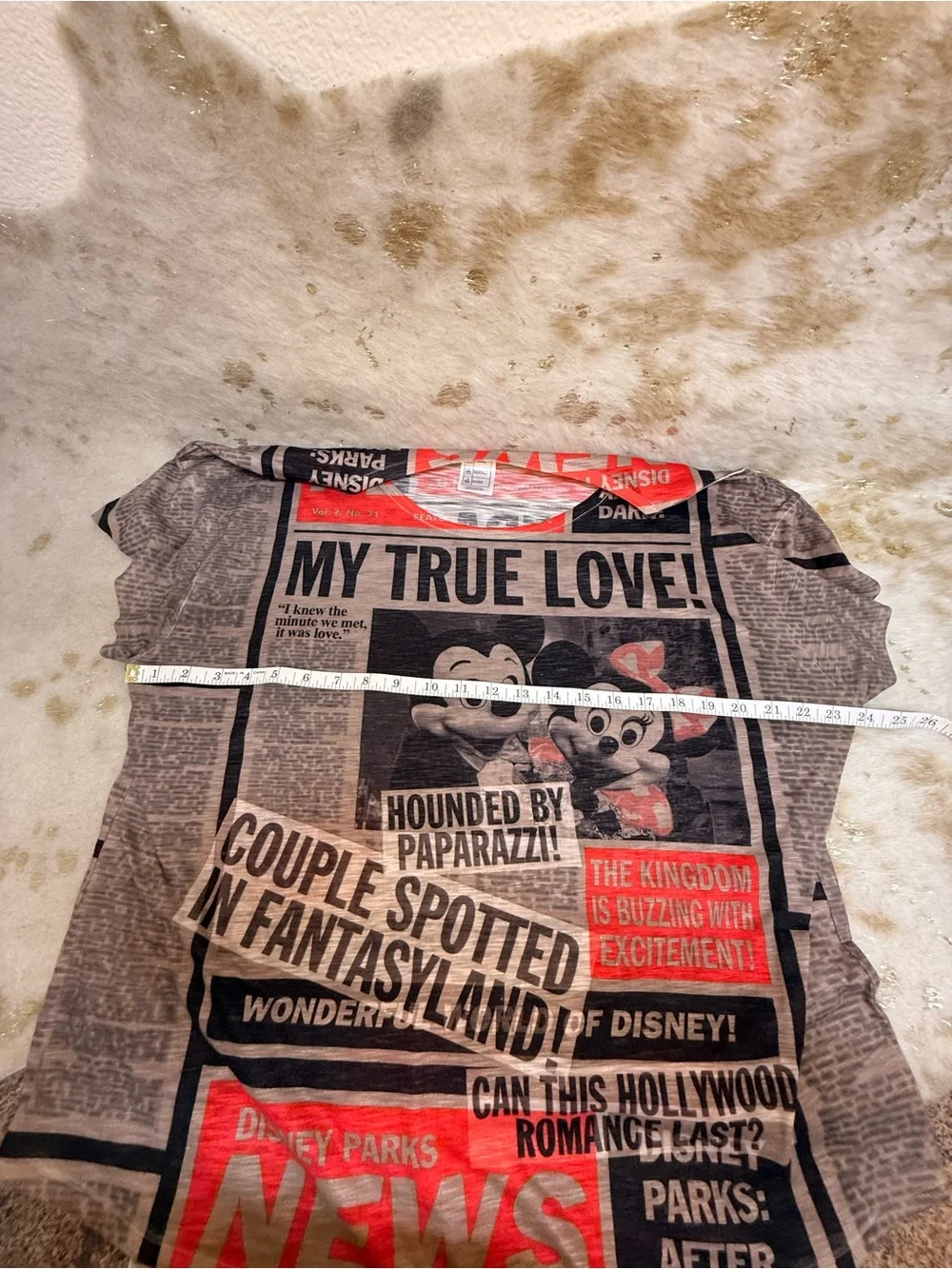 Disney‎ Parks Mickey Minnie Newspaper Print Top XXL Oversized Sheer Graphic Tee